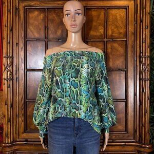 Coldesina Ocean Snake Print One Shoulder Off Shoulder Lantern Sleeve Stretch Top